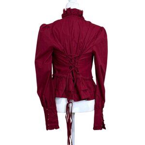 Scarlet Darkness Red Top Victorian Blouse Button-Up Lace Trim Women Sz M NEW